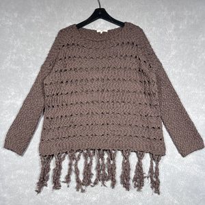 Entro Sweater Womens Size Large Brown Fringe Oversize Knit Sweater Crew Neck